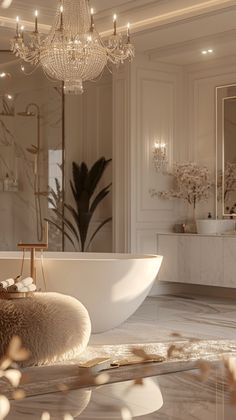 a luxurious bathroom with chandelier and bathtub in the middle of the room