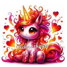 a pink and orange unicorn sitting on top of a pile of hearts