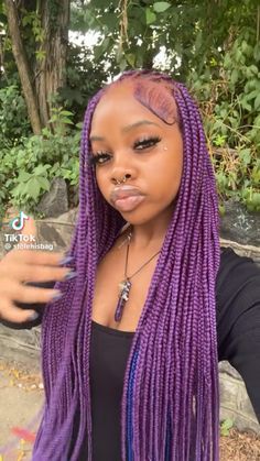 Cute Color To Dye Hair, Brown Hot Pink Hair, Braided Dyed Hair, Purple Knotless Braids With Curls, Reverse Ombre Knotless Braids, Purple Skunk Stripe Curly Hair, Braids Hair Color Ideas, Halloween Hairstyles Braids, Purple Braided Ponytail