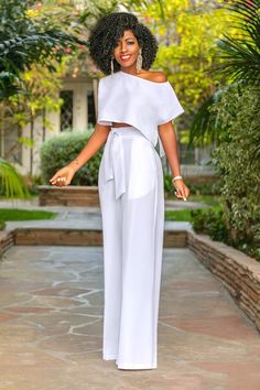 Style Pantry | Side Slit Crop Top + High Waist Belted Pants Crop Top And Trousers Outfit, Palazzo Pants Outfit, Rehearsal Dinner Outfits, 2piece Outfits, Hacks Clothes, Linen Summer, Jumpsuit Elegant, Formal Outfits, Hannah Montana