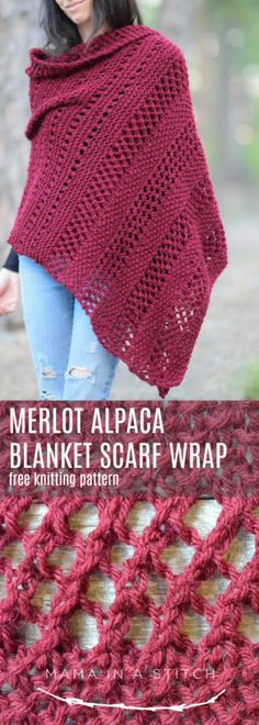 a woman wearing a red shawl with text overlay that says, merlot alpaca blanket scarf wrap