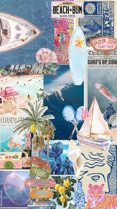 a collage of surfboards, palm trees, and other items from the beach bum