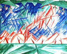 a drawing of mountains and trees with blue, red and green paint on it's sides