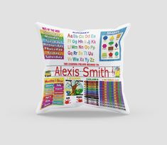 a pillow with the words alex's smith written in different languages and colors on it