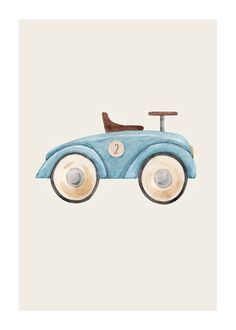 a blue toy car with wheels and a wooden seat