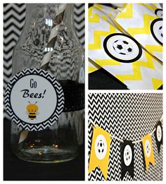 a collage of photos with yellow and black items in them, including a bottle