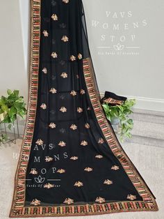 Fall/pico - Yes done Black Dupatta With Border For Wedding, Black Wedding Dupatta With Border, Black Embroidered Dupatta For Celebration, Black Dupatta For Traditional Ceremonies, Embroidered Black Dupatta For Celebration, Fitted Black Dupatta For Traditional Ceremonies, Sabyasachi Designer, Ethnic Sarees, Georgette Saree