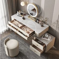 a white desk with drawers and a mirror on it in a room next to a chair