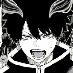 an anime character with black hair and fangs on his face, looking at the camera