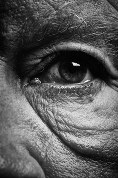 black and white photograph of an old man's eye