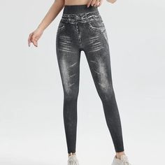 Tight high-waisted imitation denim bottoming trousers large size elastic to lift the buttocks - Shop & Buy Legging Fits, Ankle Length Pants, Knitting Materials, Ankle Length, Large Size, Elastic Waist, Full Length, Tights, Pants For Women