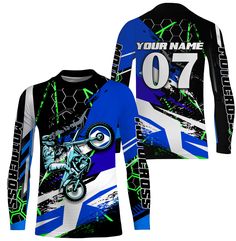 a blue and white shirt with a motorcycle on it's front, featuring the number 70