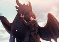 a person standing next to a large black dragon in the snow with their arms around each other