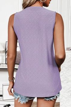 Features: Eyelet Sheer: Opaque Stretch: Slightly stretchy Material composition: 65% rayon, 30% polyester, 5% spandex Care instructions: Machine wash cold. Tumble dry low. Imported Size Us Size Top Length Bust S 4 26.4 35.4 M 6/8 26.8 37.4 L 10/12 27.2 39.4 XL 14 27.6 42.5 2XL 16/18 28 45.7 Purple Stretch V-neck Tank Top, Lavender Sleeveless Stretch Top, Lavender Stretch Sleeveless Top, Stretch Purple Tops, Stretch Purple Elastane Tops, Summer Bottoms, Cocktail Dress Formal, Ballerina Shoes Flats, Shirt Blouses Tops