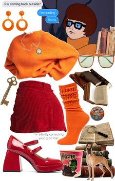 an orange sweater, red skirt and high heeled shoes are featured in this image