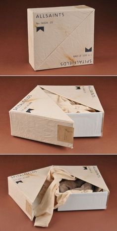 three different views of an open box with tissue paper on the bottom, and inside