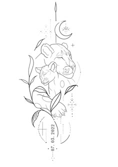 a line drawing of a bear with leaves on it's head and the moon in the background