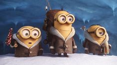 three minion characters standing in front of an ice cave