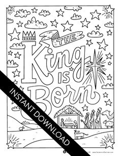 the king is born coloring page with an image of fireworks in the sky and stars above it