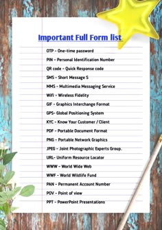 the important full form list is shown on top of a piece of paper with a pencil