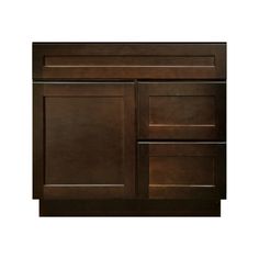 an image of a bathroom vanity with dark wood cabinets and drawers on the side wall