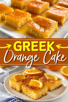 greek orange cake on a white plate with an orange in the background and text overlay