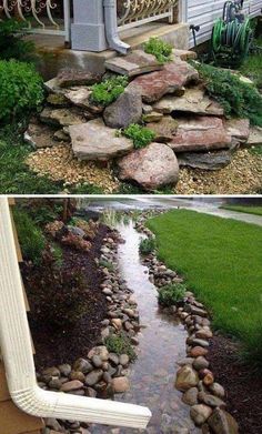 before and after pictures of landscaping in front of a house with rocks on the ground