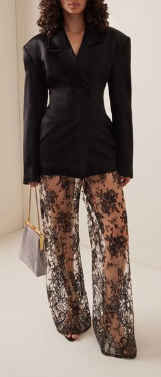 The Mannei, Sheer Pants, Lace Pants, Lace Outfit, Power Dressing, Tailored Blazer, Styling Ideas, Formal Outfit, Pants Black