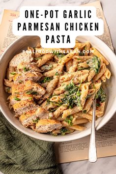 one - pot garlic parmesan chicken pasta in a white bowl