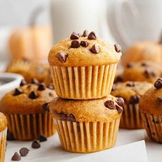 chocolate chip muffins stacked on top of each other