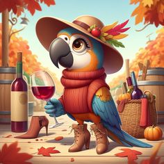 a parrot wearing a hat, scarf and boots holding a glass of wine in its paws