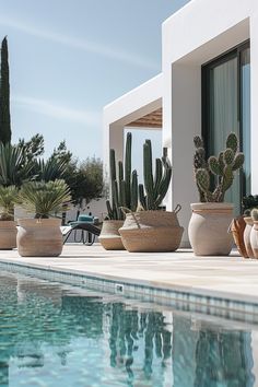 several potted plants sitting on the edge of a pool