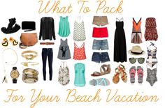 the words, what to pack for your beach vacation are in gold and black letters