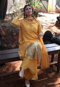 #pintrest@Dixna deol Kameez Lehenga, Yellow Suit, Indian Designer Suits, Salwar Kamiz, Desi Clothes, Fashion Gowns, Kareena Kapoor Khan, Desi Wedding, Kareena Kapoor