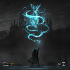 a man holding a glowing light up animal in front of a castle with an evil goat on it's back