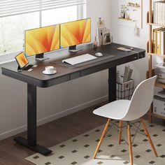 a computer desk with two monitors and a laptop on it in front of a bookshelf