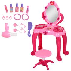 a pink dressing table with mirror and accessories