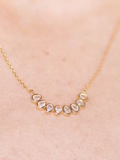 A curved detail on this dainty chain necklace features a unique teardrop + oval inspired stone design to add a slightly dressier + elevated touch to your look! Dainty Chain Necklace, Stone Design, Bar Necklace, Silver Gold, Silver Fashion, Chain Necklace, Chain, Stone, Crystals