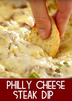 a hand dipping a piece of bread into a casserole dish with text overlay