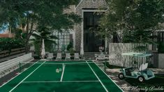 a 3d image of a tennis court with a car parked in front of the house