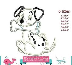 the embroidery design features a dog with a bone in it's mouth