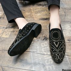 Russoo - Exquisite Mens Rhinestone-Embellished Loafer Shoes: Stylish, Comfortable, and Non-Slip for Spring and Summer Wear Elegant Rhinestone Slip-on Loafers, Black Slip-on Loafers With Rhinestones, Black Rhinestone Slip-on Loafers, Party Loafers With Rhinestones And Round Toe, Formal Loafers With Rhinestones And Round Toe, Party Loafers With Rhinestones Slip-on, Rhinestone Slip-on Loafers For Party, Party Slip-ons With Flat Heel, Flat Slip-ons For Party