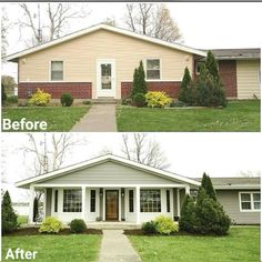 before and after pictures of a house in the front yard with shrubs growing on either side