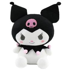 a black and white stuffed animal with pink eyes