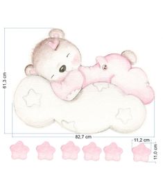 a watercolor drawing of a baby girl and her teddy bear sleeping on a cloud