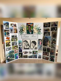 a large display with pictures and flowers on it