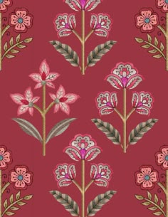 a red background with pink flowers and green leaves on the bottom right hand corner is an embroidered design