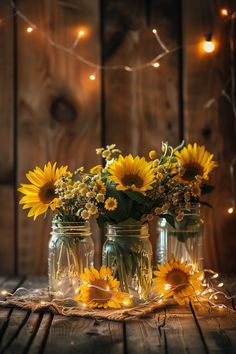 three mason jars filled with sunflowers on top of a wooden table next to string lights