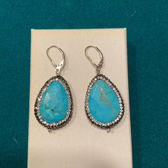 Brand New Turquoise Sterling Silver Jewelry For Party, Turquoise Sterling Silver Earrings With Gemstone Accents, Elegant Turquoise Nickel-free Crystal Earrings, Elegant Turquoise Crystal Earrings Nickel Free, Elegant Blue Earrings With Stones, Elegant Blue Stone Earrings, Silver Sterling Silver Earrings With Stones, Swarovski Earrings, Blue And Silver