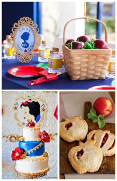 there are pictures of different foods and desserts on the table, along with an apple pie